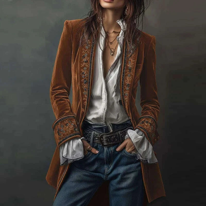 KIMLUD, Ethnic Retro Floral Print Velvet Woman Blazer Jacket Sexy Notched Collar Slim Autumn Outerwear Long Sleeve Winter Cardigans Coat, KIMLUD Womens Clothes