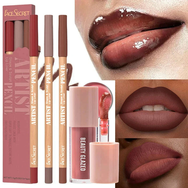 face-secret-4pcssetmoisturizing-fresh-lightweight-plumping-lip-gloss-with-brown-lipliner-set-non-sticky-liquid-lipstick-makeup-kimlud-kimlud-33919091