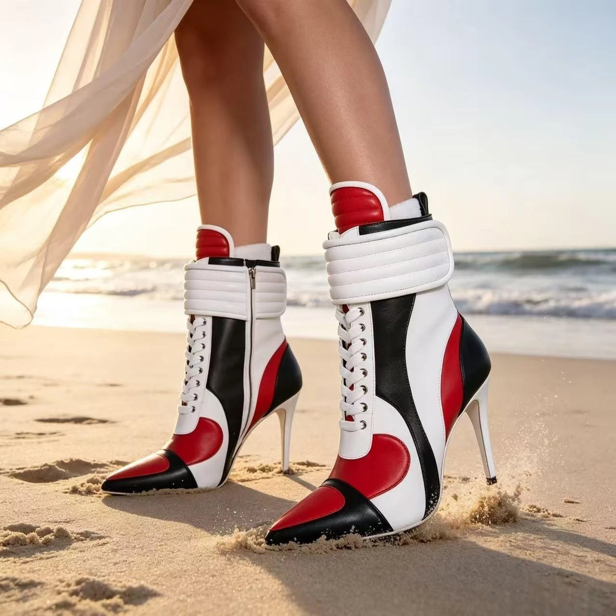 Ankle Boots – Color Block Lace Up – Pointed Toe Stiletto – PU | KIMLUD