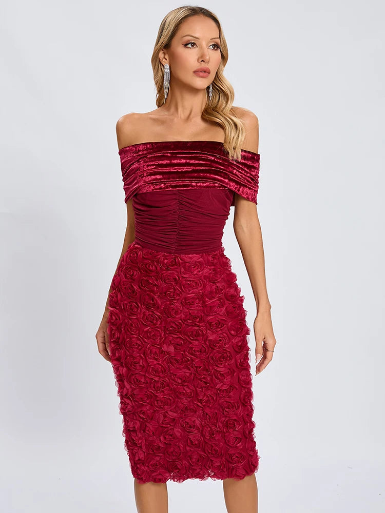 VC Red Off The Shoulder Midi Dress Flower Patchwork Mesh Slash Neck Velvet Bodycon Prom Celebrity Cocktail Party Wear Vestidos
