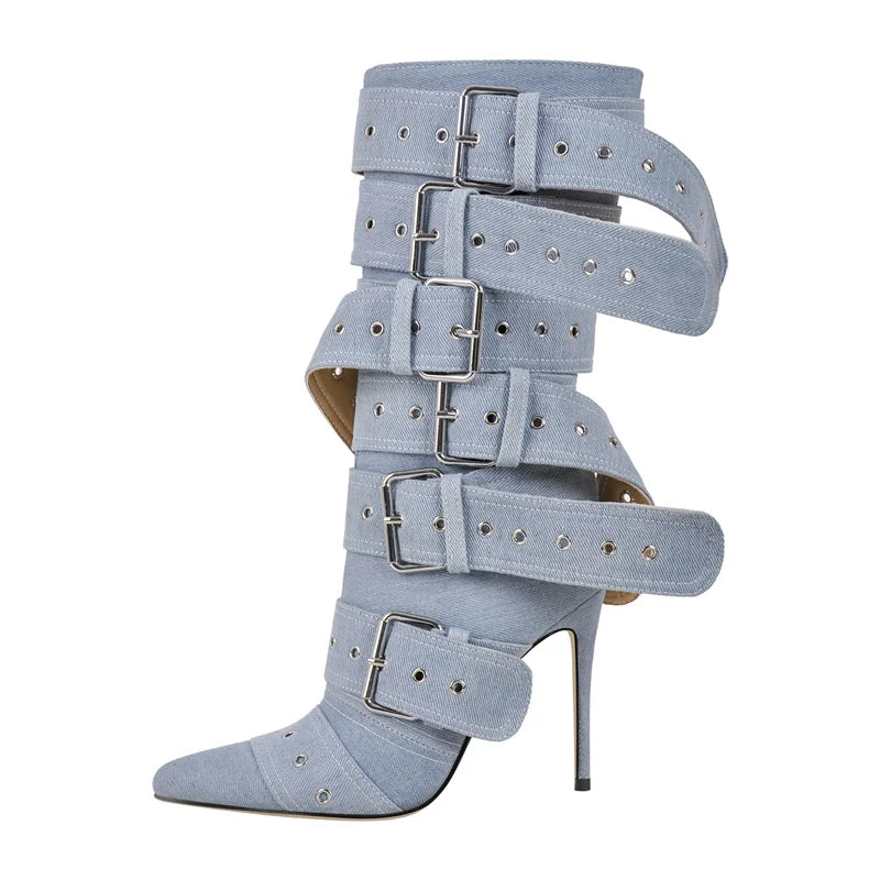 Onlymaker Women Pointed Toe Mid-Calf Boots Buckle Strap Thin High Heel Lady Zipper Female Stiletto Boots
