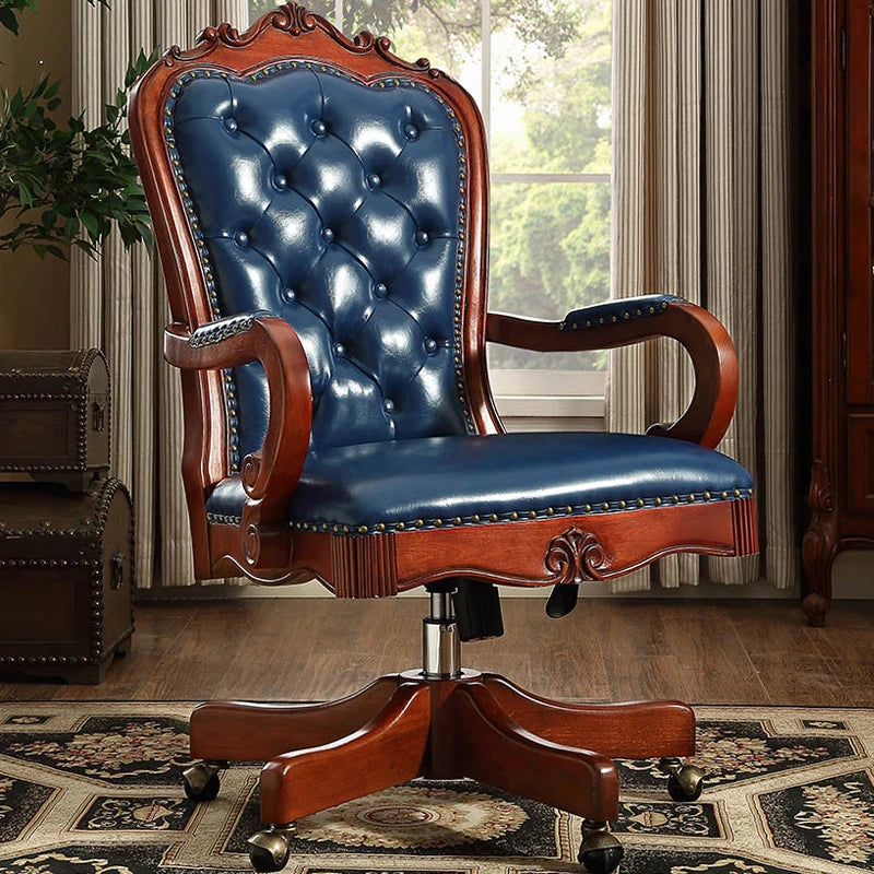 12American Genuine Leather Retro Carved Solid Wood Swivel Chair Office Chair Lift