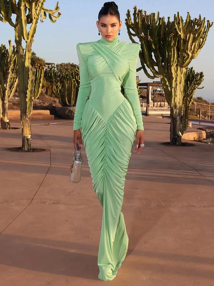 Turtleneck Backless Maxi Dress — Pleated Slim Fit, Full Sleeve | KIMLUD