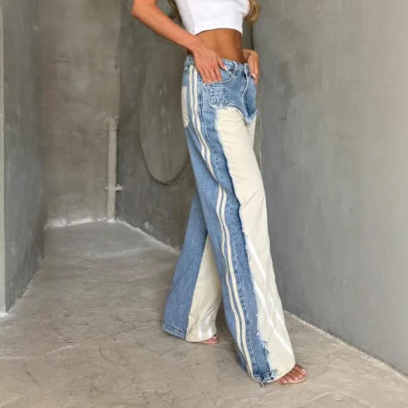 Street Splicing Jeans for Women's Autumn New Style Pants Contrast Striped Fringed Jeans