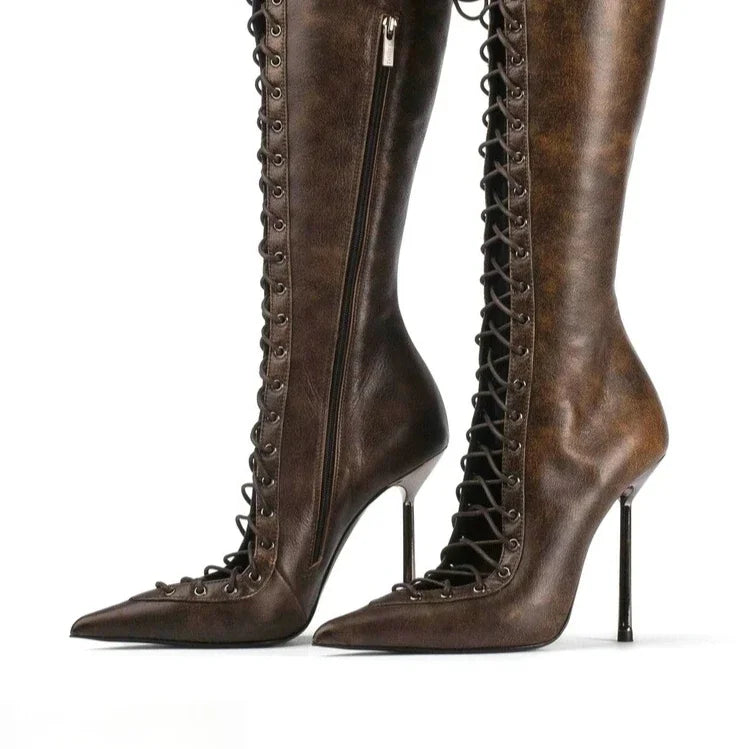 Mesh Leopard Cross Tie Knee-High Boots — Gray | KIMLUD