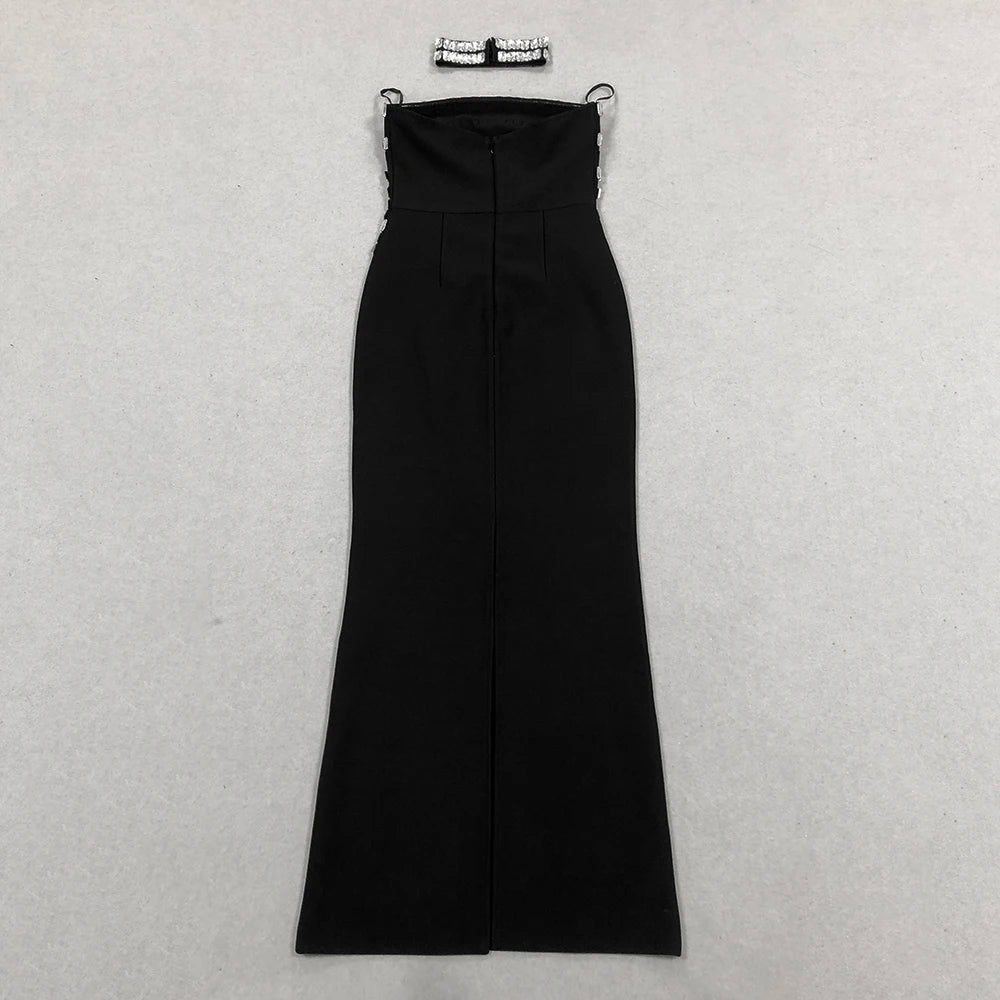 Brand New Ins 2025 Women Black Strapless Crystal Bandage Bodycon Dress Designer Collar Elegant Evening Party Dress Vestido