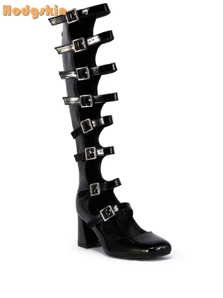Punk Buckle Straps Boots Round Toe Back Zipper Knee-high Boots Patent Leather Square Heels 2025 Women New Fashion Sandals Shoes