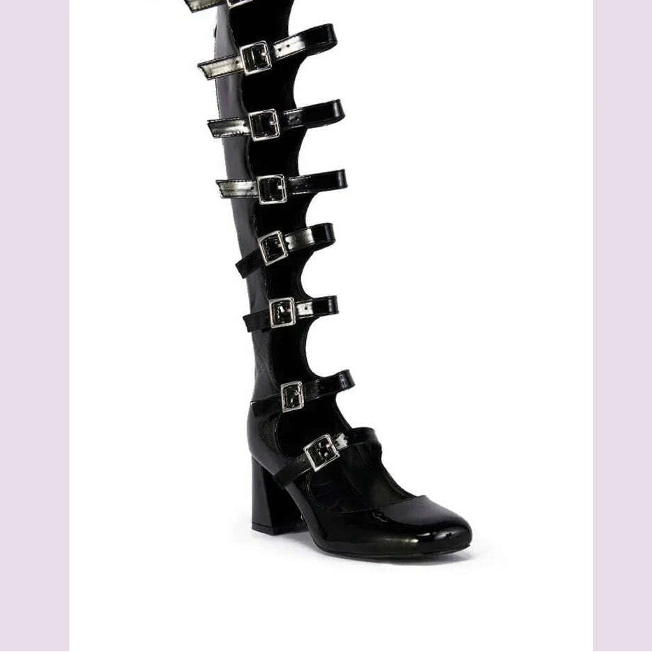 KIMLUD, Punk Buckle Straps Boots Round Toe Back Zipper Knee-high Boots Patent Leather Square Heels 2025 Women New Fashion Sandals Shoes, KIMLUD Womens Clothes