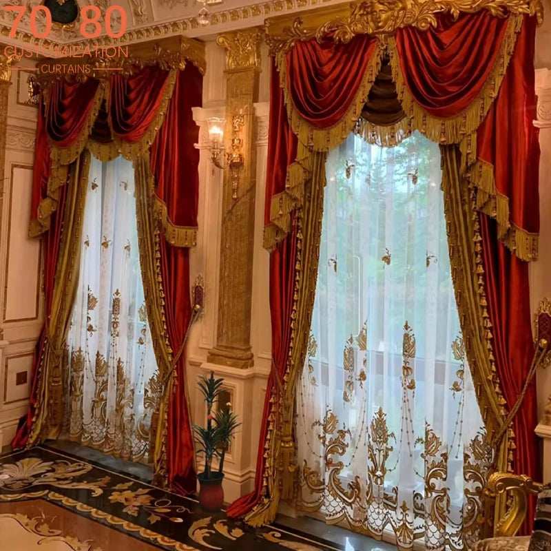 Gold Red Embroidered Window Screen Velvet Splicing Thickened Curtains for Living Room Bedroom French Balcony Villa Valance
