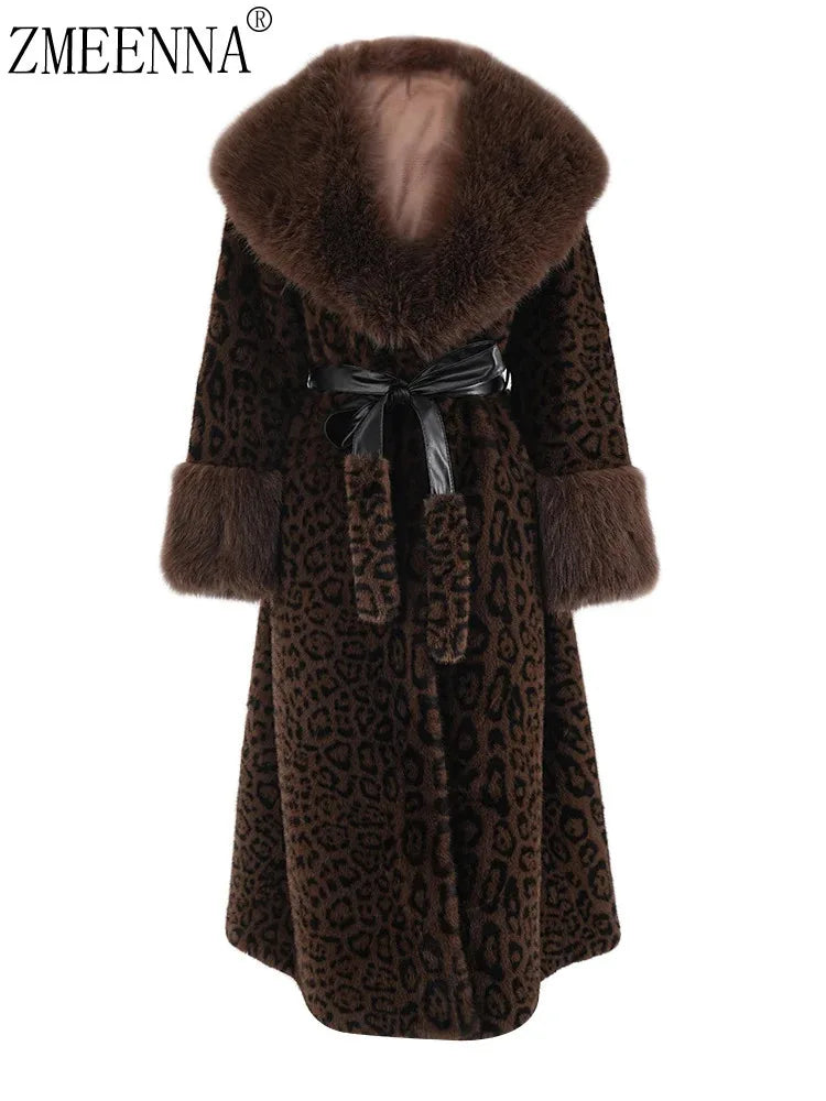ZMEENNA Brown Leoppard Print Big Size Long Faux Fur Jacket New Lapel Long Sleeve Women Coat Fashion Autumn Winter 2024 ZM593