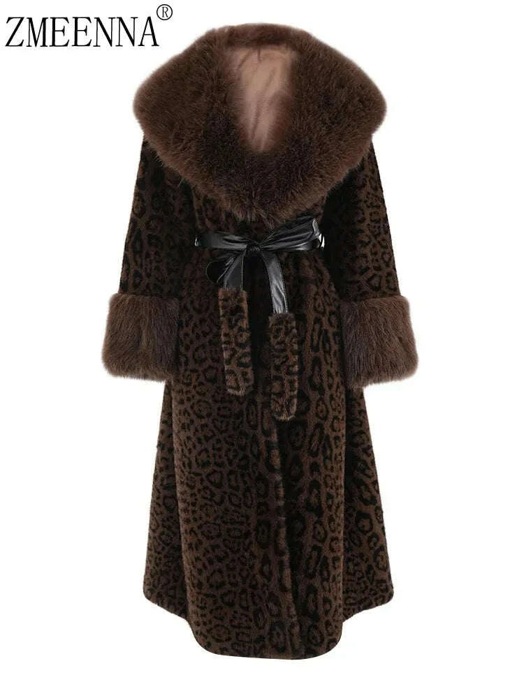 KIMLUD, ZMEENNA Brown Leoppard Print Big Size Long Faux Fur Jacket New Lapel Long Sleeve Women Coat Fashion Autumn Winter 2024 ZM593, KIMLUD Womens Clothes
