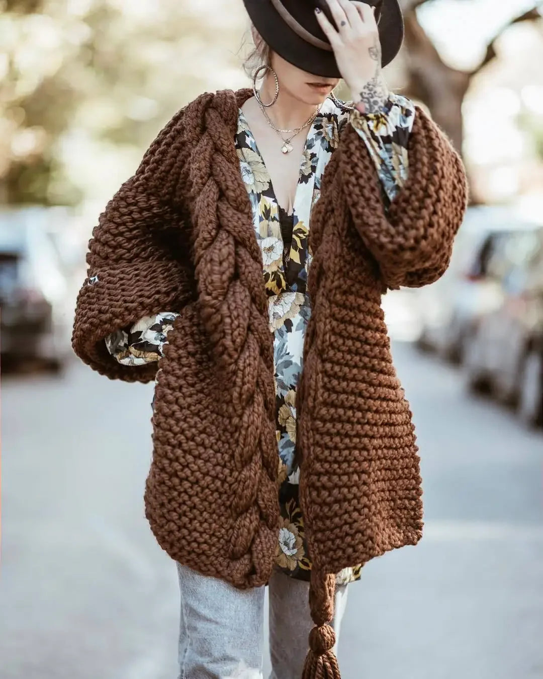 Crocheted Cardigan – Hand-Woven Tassels – Polyester Knit | KIMLUD
