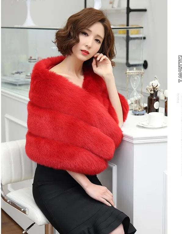 Faux Fur Fox Women Coats Shawl Cloak Coat Thick Open Stitch Elegant Maxi Warm Wedding Work Thick Outerwear Autumn Winter