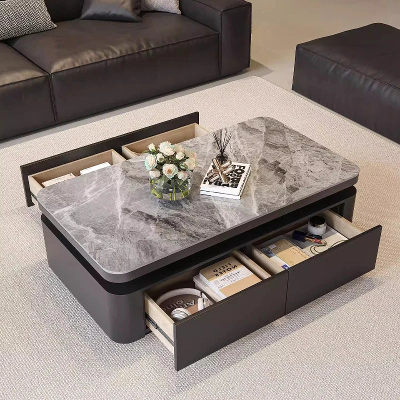 Minimalist Rock Slab Storage Coffee Table — Deep Graphite Black | KIMLUD