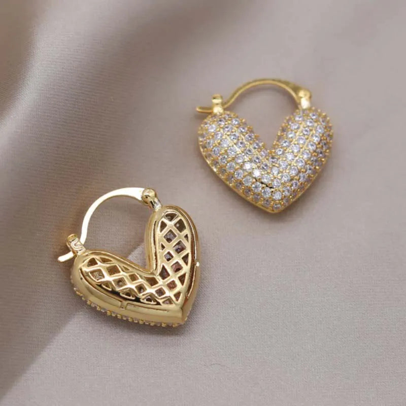 Gold-Tone Zircon Hoop Earrings Heartbeat Motif With Brilliant Crystals — Gold | KIMLUD