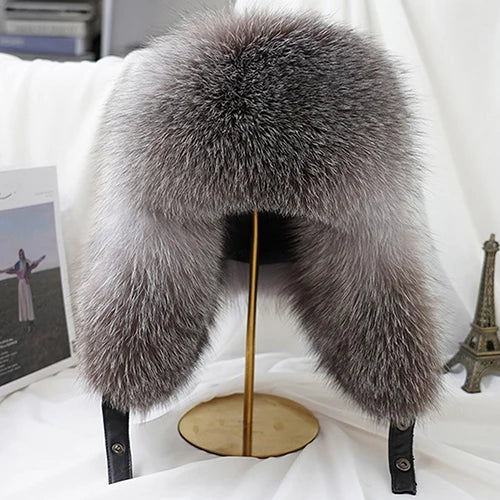Fashion Winter Men's 100% Real Silver Fox Fur Bomber Hat Raccoon Fur Ushanka Cap Trapper Russian Man Ski Hats Caps Real Leather