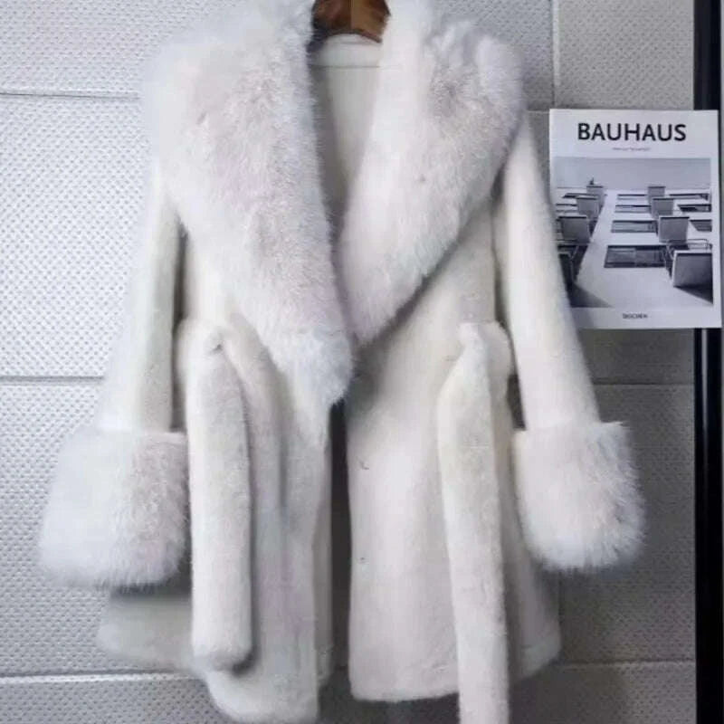 KIMLUD, Luxury Vintage Faux Fur Coat Women Fur Collar Long Sleeve with Belt Oversized Fur Jacket Warm Thick Winter Cardigan Lady's Coats, KIMLUD Womens Clothes