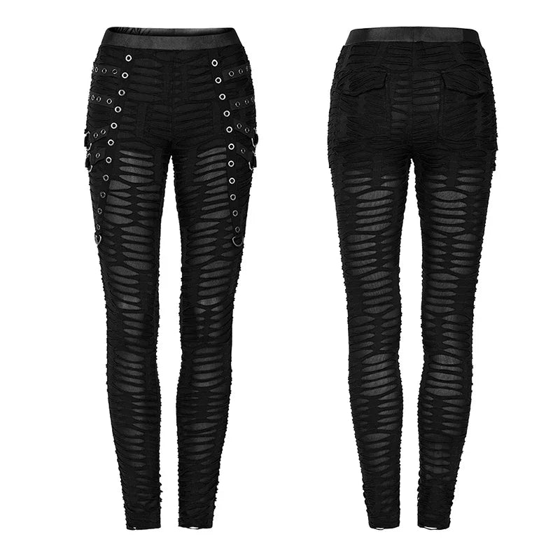 PUNK RAVE Women's Gothic Decayed Slim-fit Leggings Punk Meta Eyelets Webbing Personality Thin Black Pants Spring/summer