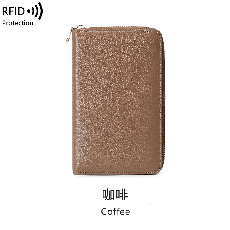 RFID Anti-Theft Cowhide Leather Wallet — Long Passbook Card Slots Black | KIMLUD