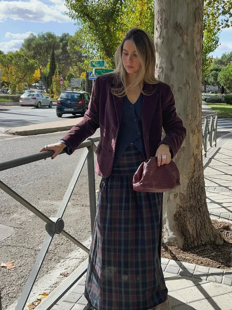 KIMLUD, Casual V-neck Checkered Lace Up Suit Women Fashion Long Lantern Sleeves Single-breasted Slim Set 2025 Lady Commute street Outfit, KIMLUD Womens Clothes