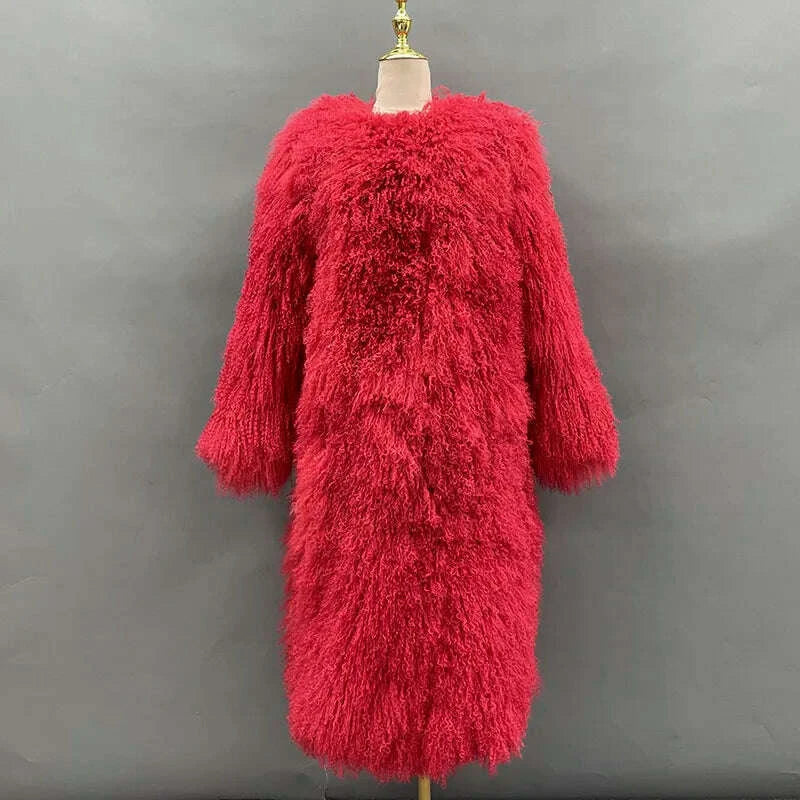 KIMLUD, Long Mongolian Real Fur Coat For Women Elegant Fluffy Solid Thicken Warm Long Sleeves Coats Winter Chic Long Style, KIMLUD Womens Clothes
