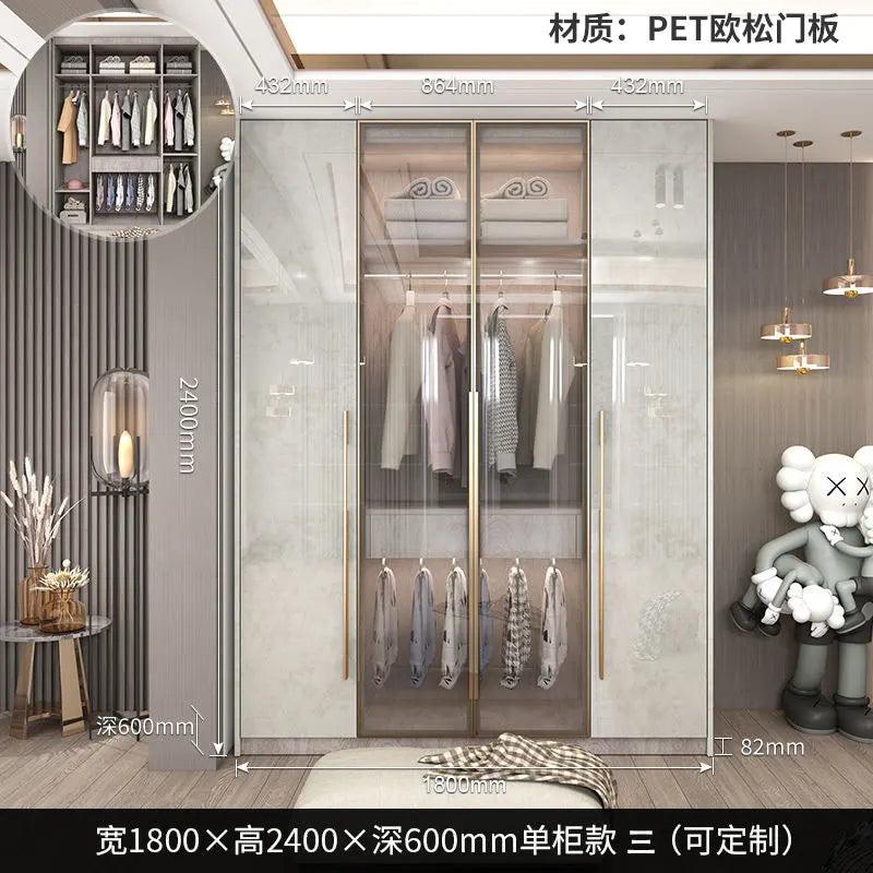 Glass Door Modern Wardrobe With Ample Storage And Brass Hardware — Pale Gray | KIMLUD