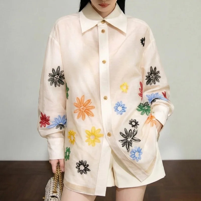 Blouse - Embroidered Floral - Loose | KIMLUD