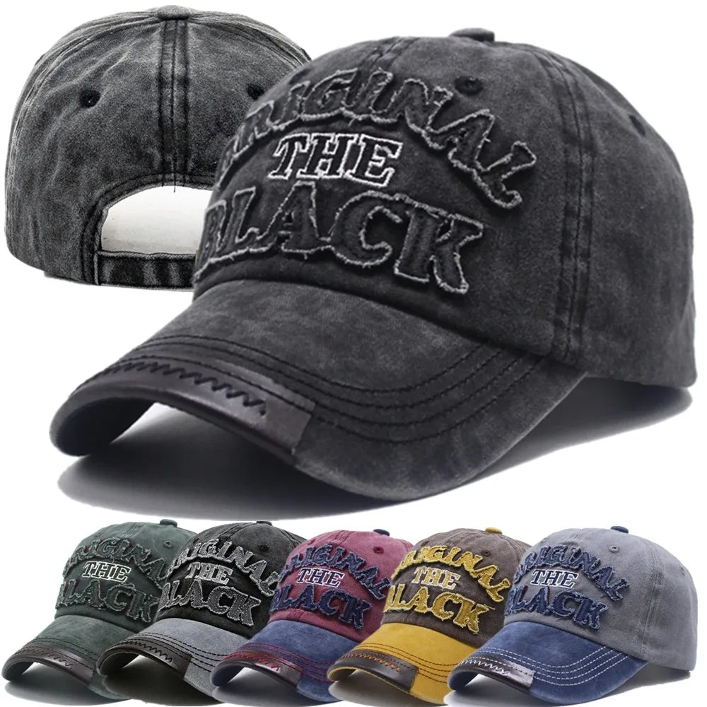 Washed Cotton Vintage Baseball Cap Letter Embroidery — Black | KIMLUD