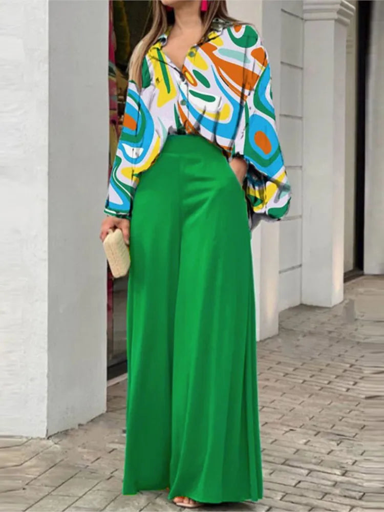 KIMLUD, Fashion Print Set Women Casual Long Sleeve Button Shirt+Pockets High Waist Wide Leg Pants Office 2 Piece Sets Lady Spring Summer, KIMLUD Womens Clothes