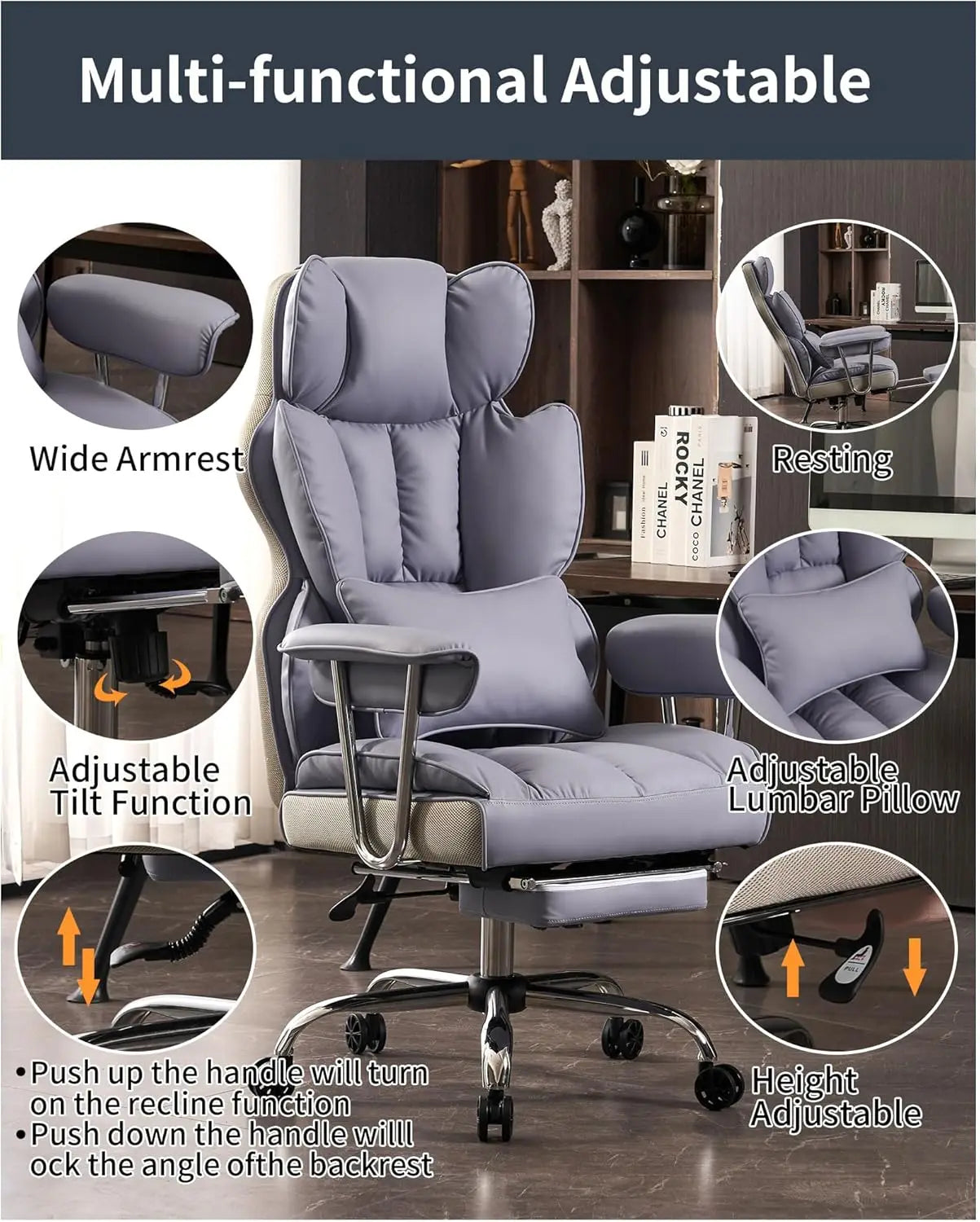 Big and Tall Office Chair 440LBS, Purple Heavy Duty Executive Chair with Footrest, Ergonomic Desk Chair for Home Office, Wide Co