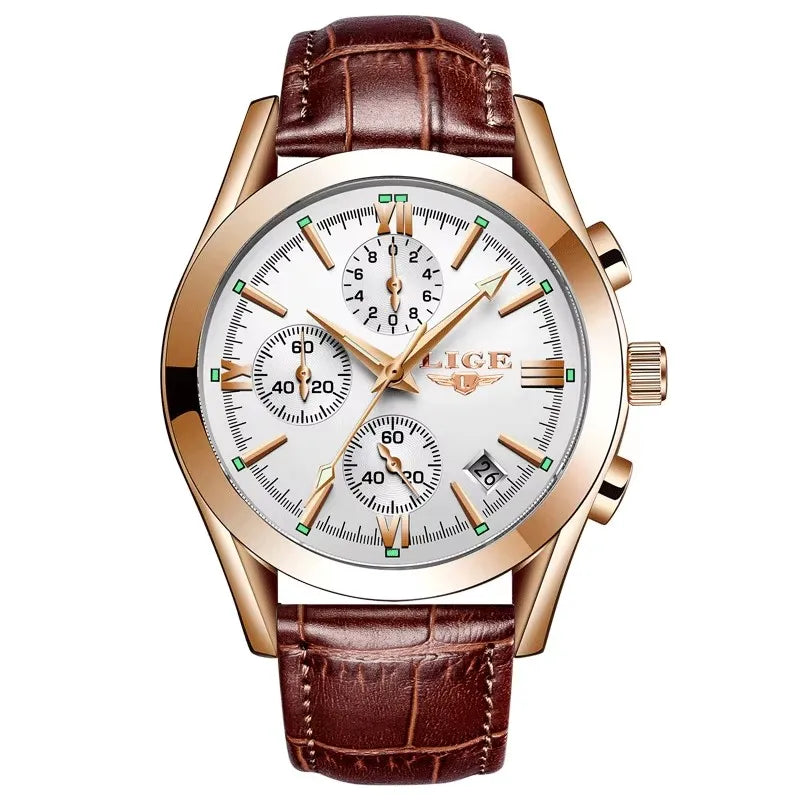 LIGE Men Watch Top Brand Luxury Waterproof Luminous Sport Wristwatch Quartz Military Genuine Leather Relogios Masculino+Box