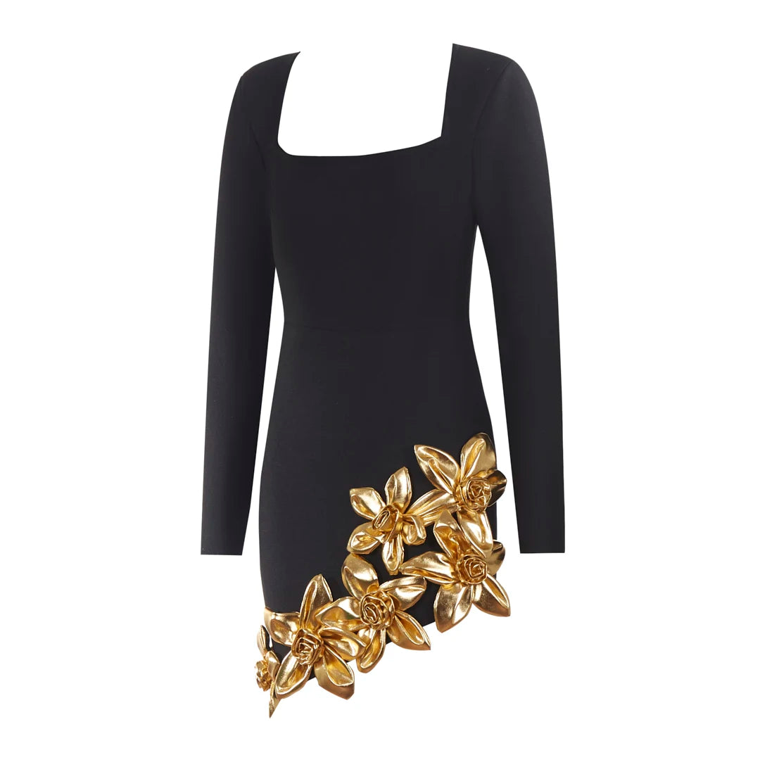 Bandage Bodycon Dress Long Sleeve Square Collar Gold Florals — Black | KIMLUD