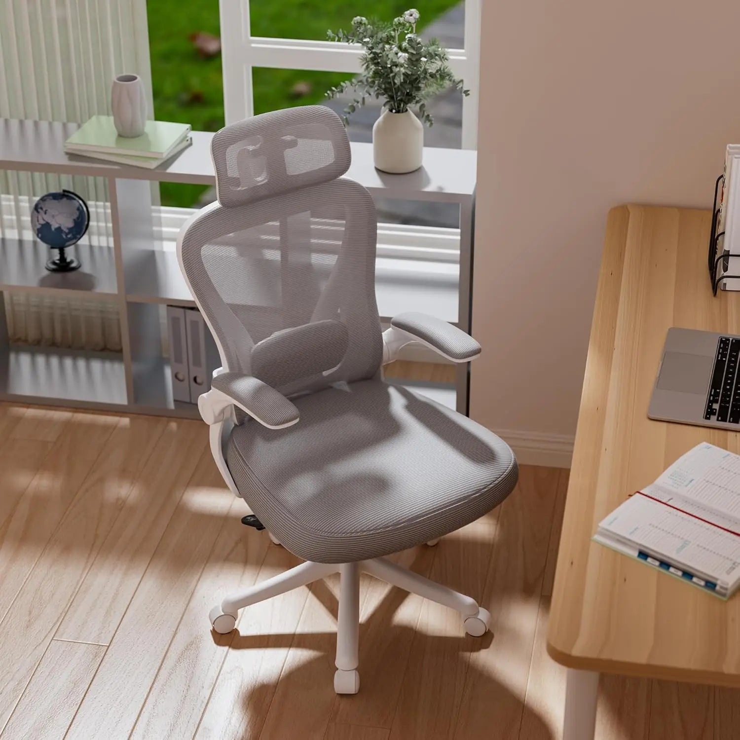 Mesh High Back Ergonomic Office Chair M903 With Wheels, Adjustable Lumbar Support — Ivory | KIMLUD