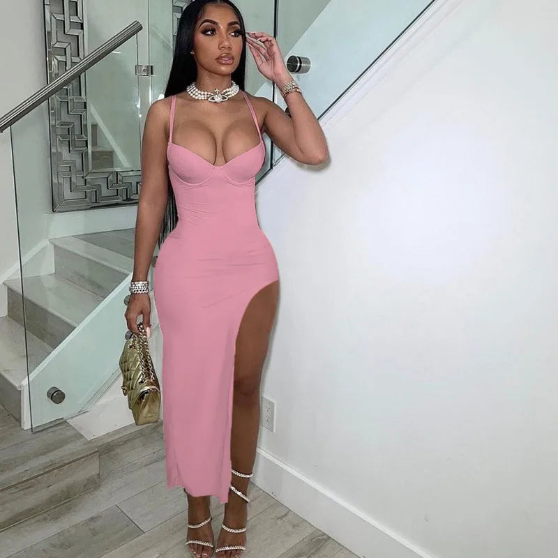 Sexy Spaghetti Strap High Split Party Dress Women Night Sleeveless Backless Slim Bodycon Maxi Dress Elegant Birthday Prom Dress