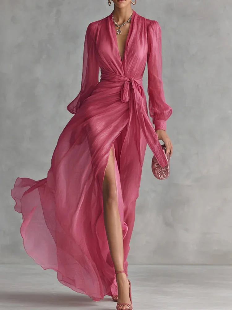 Maxi Dress – V Neck Lace-Up Detail – Polyester Silhouette – Solid Color | KIMLUD