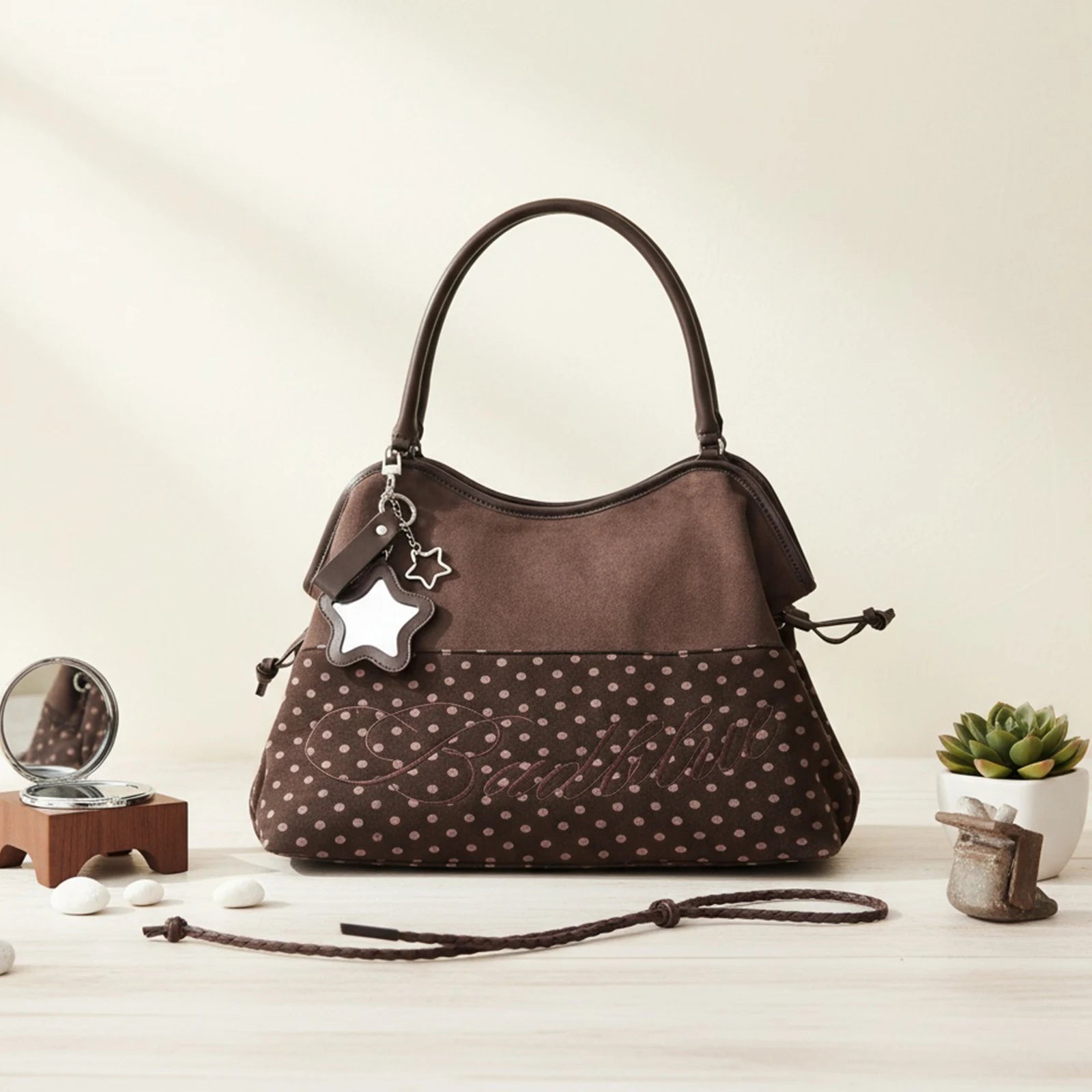 Leopard-Print Polyester Tote Bag Embroidered Star Pendant — Dark Brown | KIMLUD