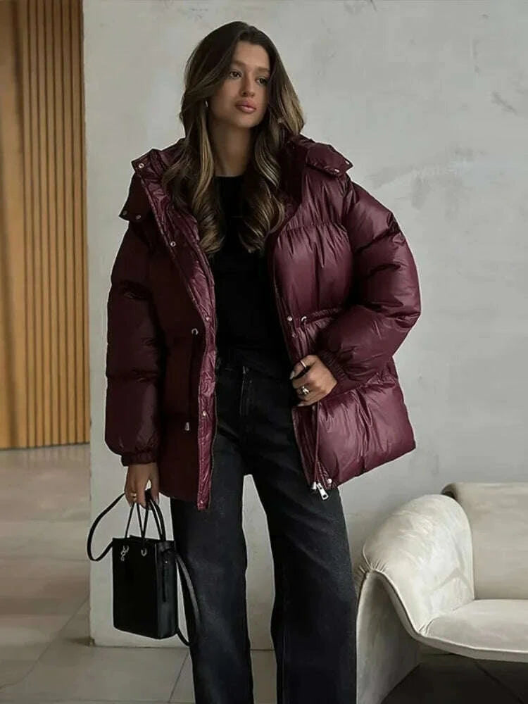 KIMLUD, Women Solid Thicken Cotton Jackets Casual Stand Collar Zipper Long Sleeves Lace Up Detachable Hat Coat Winter Lady Warm Outwear, KIMLUD Womens Clothes