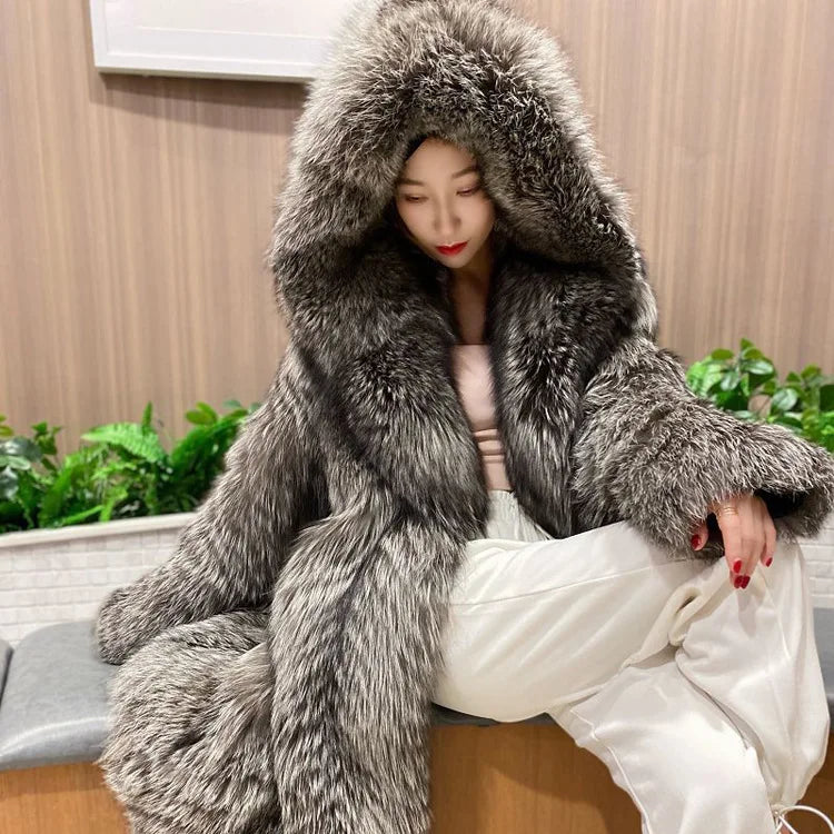 DEAT Fashion Silver Fox Over-knee-length Faux Fur Coat Women's Hooded Loose Plush Jacket Winter New 7A2292