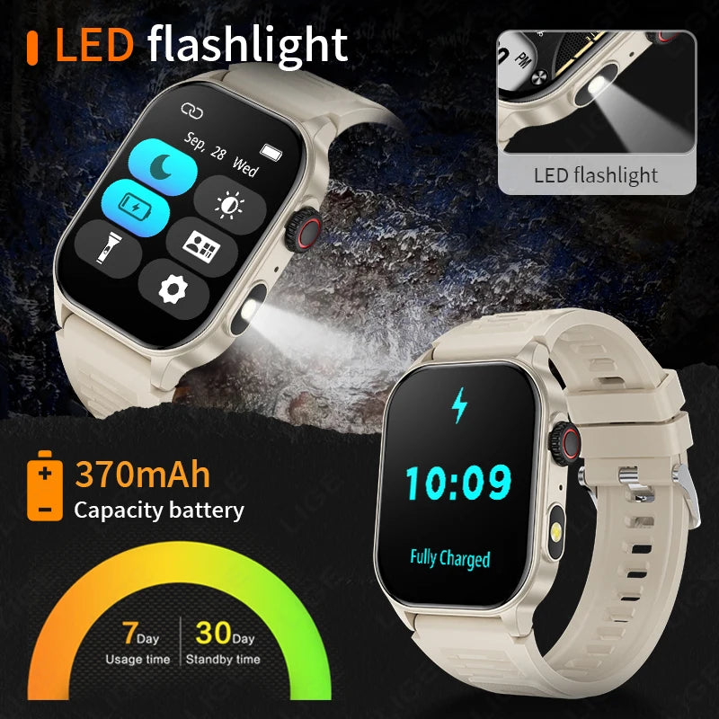 LIGE Men's Watch Outdoor Flashlight Military IP68 Waterproof Smart Watch Men Heart Rate Sport Fitness Watches BT Call Smartwatch