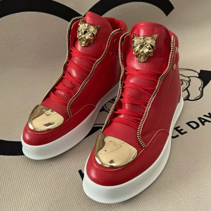 Artificial Leather Sneakers Lion Head Crest Embellishment Patchwork Texture — Crimson Red | KIMLUD