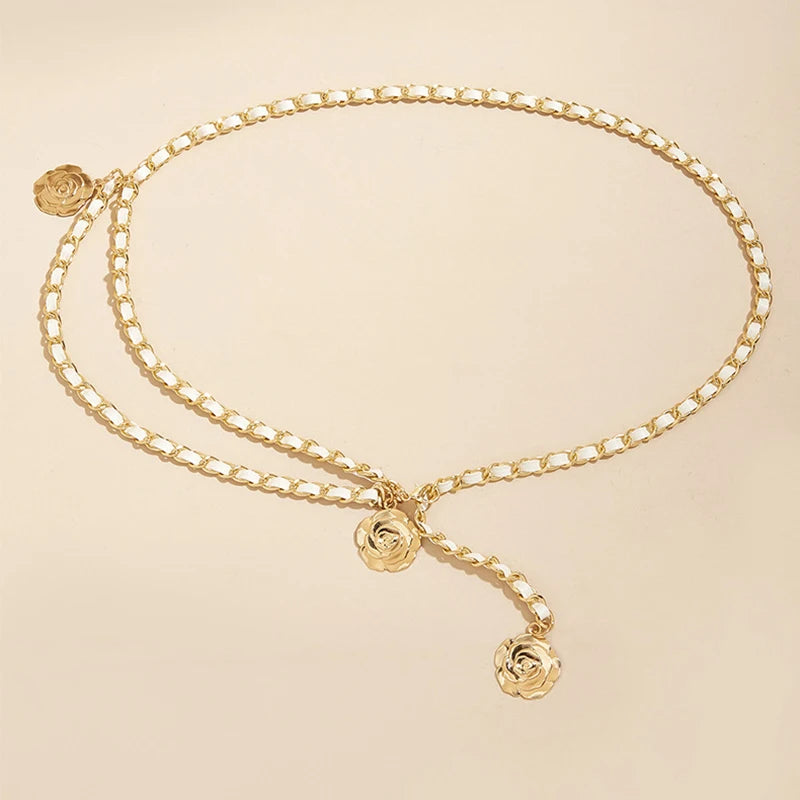 Metal Waist Chain Belt With Circular Flower Pendant And Fine Chain Strap — Gold | KIMLUD