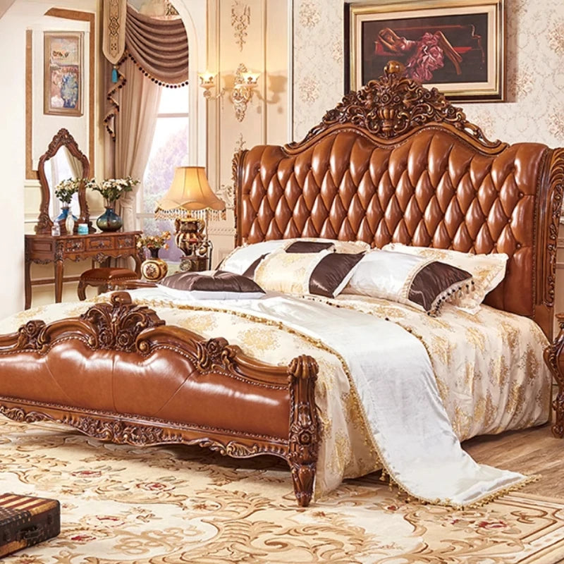 Genuine Leather Bed Romantic Design — Cognac Brown | KIMLUD