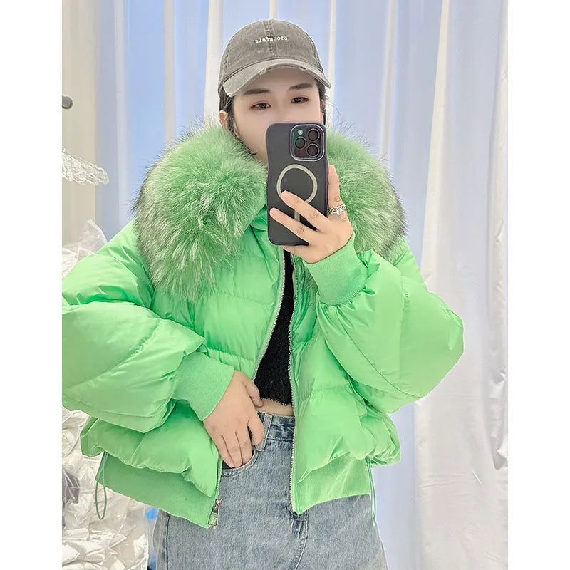 2023 Detachable Winter Jacket Women Real Natural Big Raccoon Fur Collar Thick Warm Duck Down Loose Oversize Outerwear Streetwear