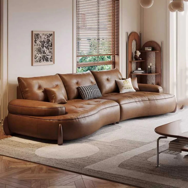 Leather U-Shape Sofa Pillowed Cushions — Caramel Brown | KIMLUD