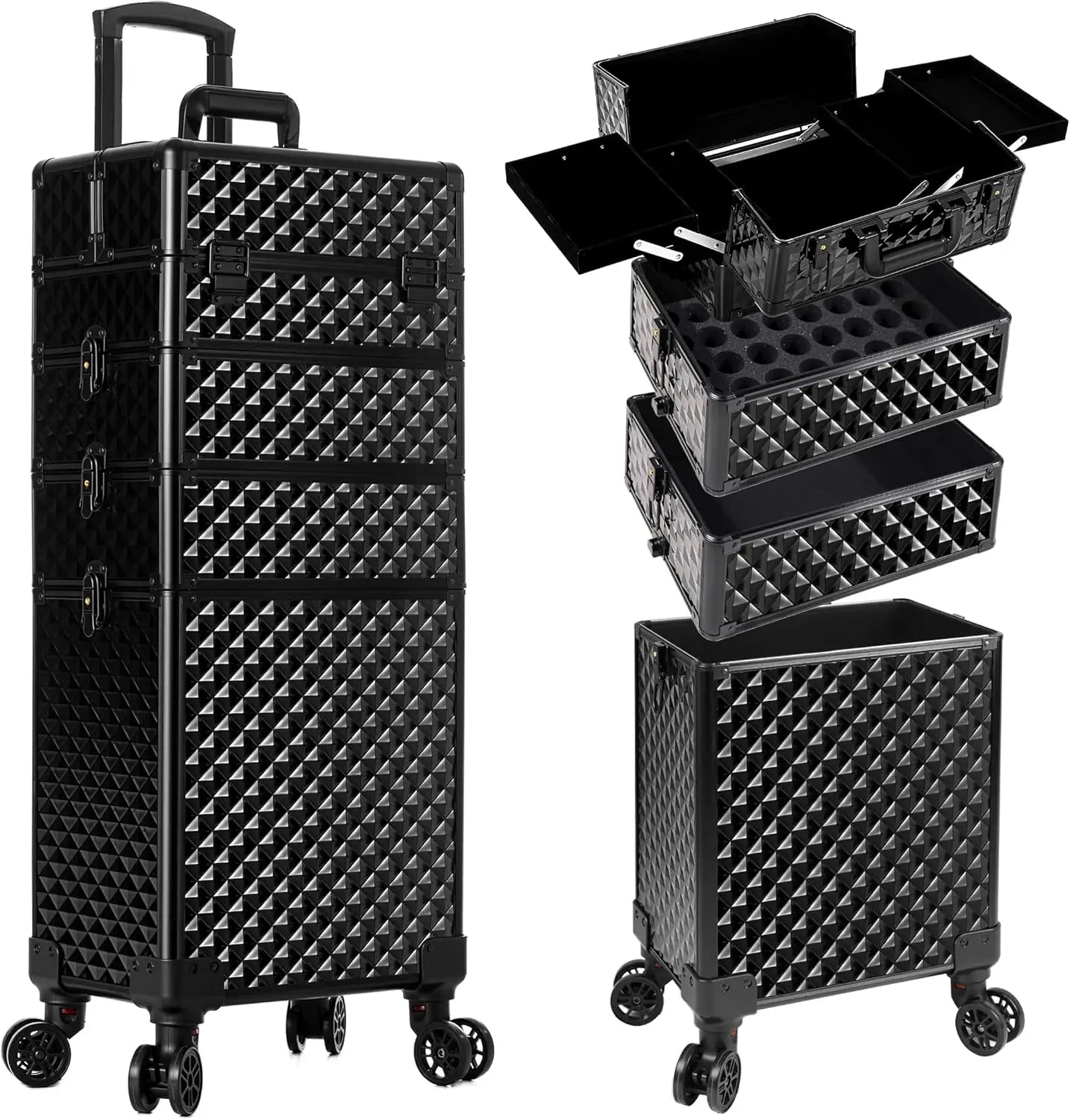 Rolling Plastic Travel Suitcases 4-In-1 Cosmetology Case Wheels — Black | KIMLUD