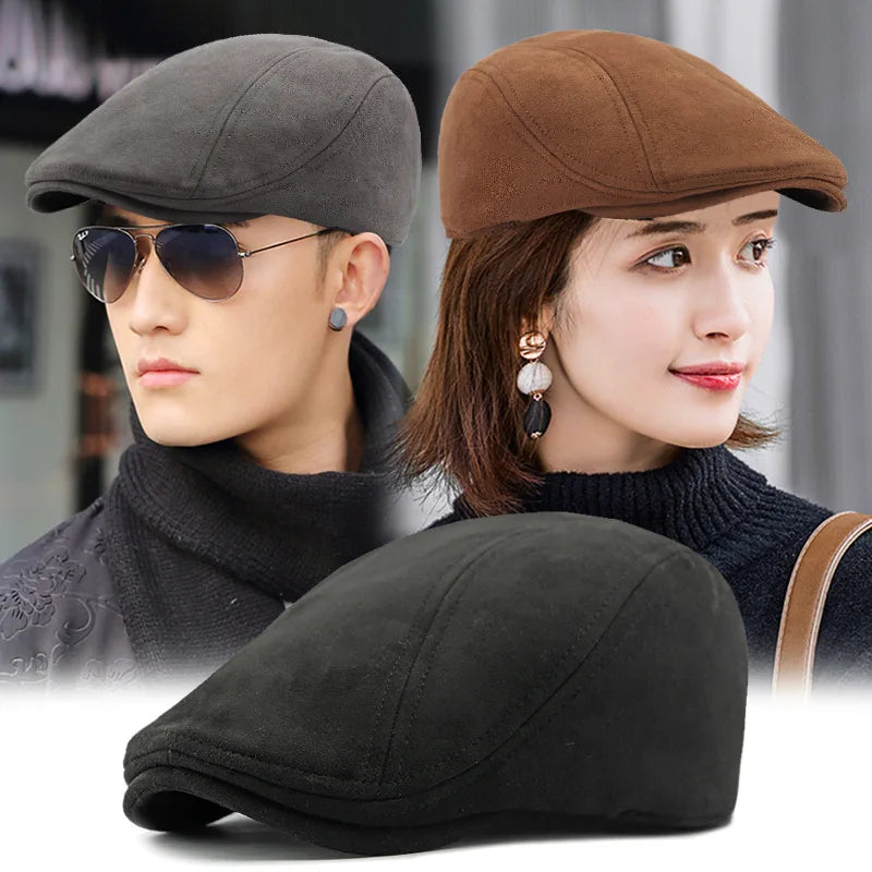 Suede Beret Herringbone Flat Cap Classic — Black | KIMLUD