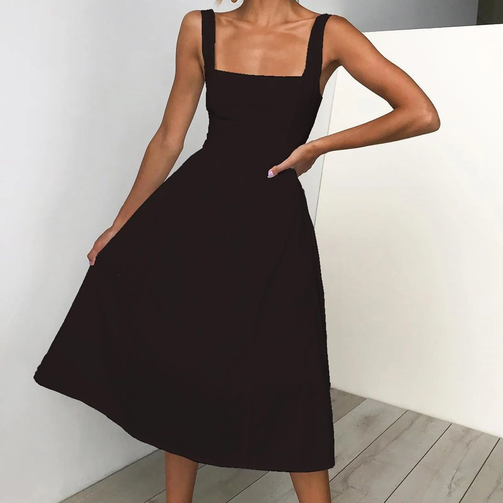 Sexy Square Neck Solid Color Midi Dress Spaghetti Straps Sleeveless Summer Loose Dress Elegant Party Dresses For Women платье
