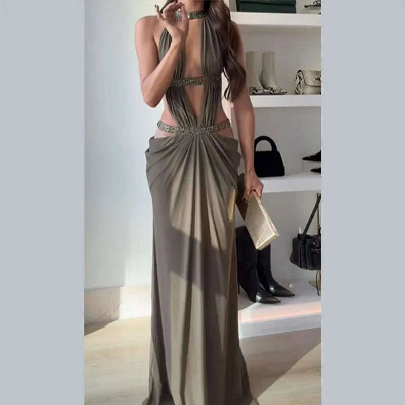 KIMLUD, Fashion Hollow Out Maxi Dress Women's Chic U-neck Long Sleeve Solid High Waist Slim Dresses 2025 Lady Sexy Party Vacation Gown, KIMLUD Womens Clothes