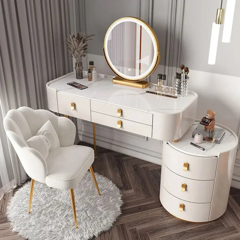 A Modern Design Dressing Table With Mirror and Stool Wooden Makeup Vanity Desk Side Cabinet Set Bedroom Furniture Dresser