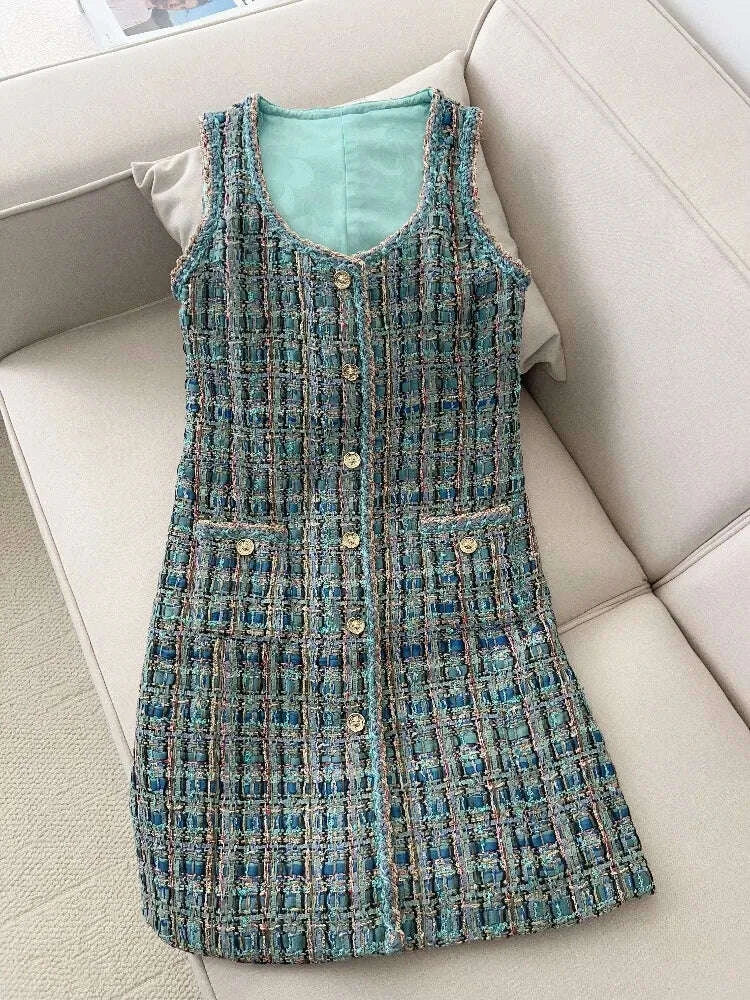 KIMLUD, 2025 New French Lady Blue Green Tweed round Neck Single Button Small Fragrance Style Jacket Vest Dress Set Casual Suit, KIMLUD Womens Clothes